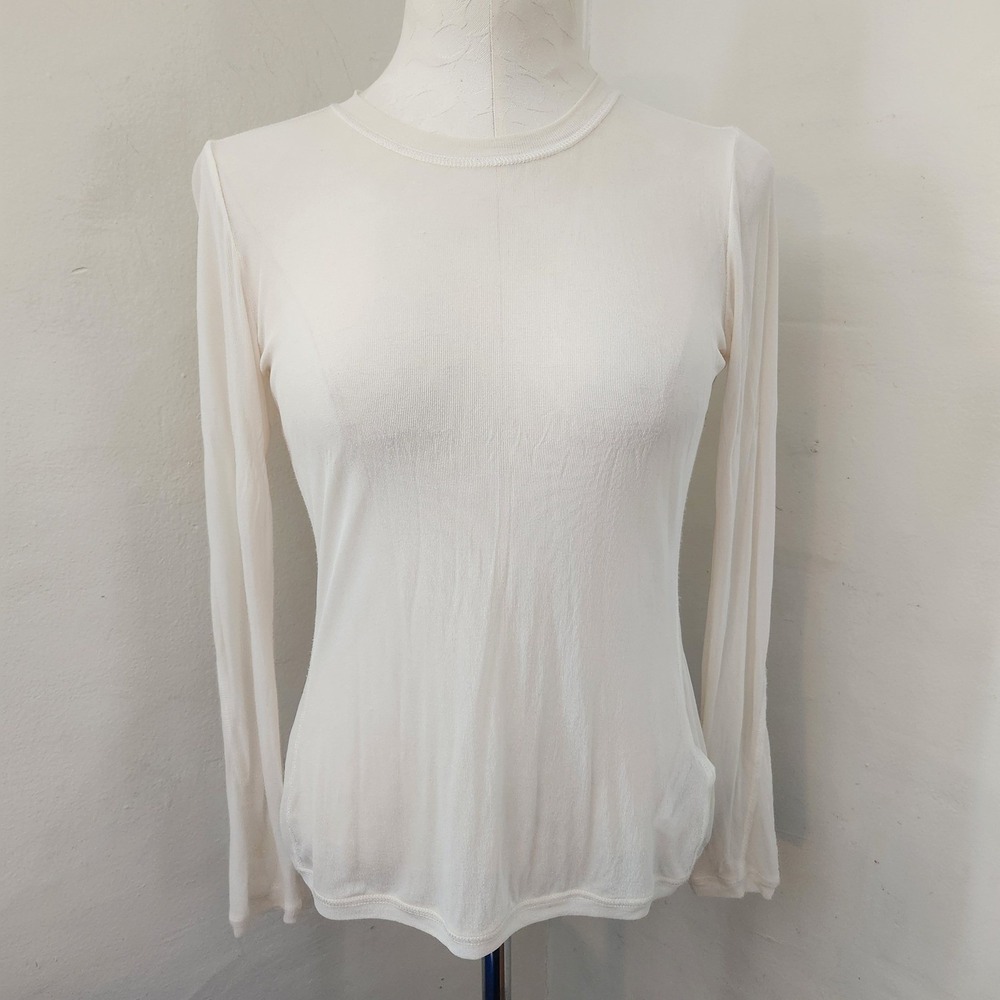 DKNY Womens 100% Silk Long Sleeve Ribbed Knit Top Cream Off White Size S